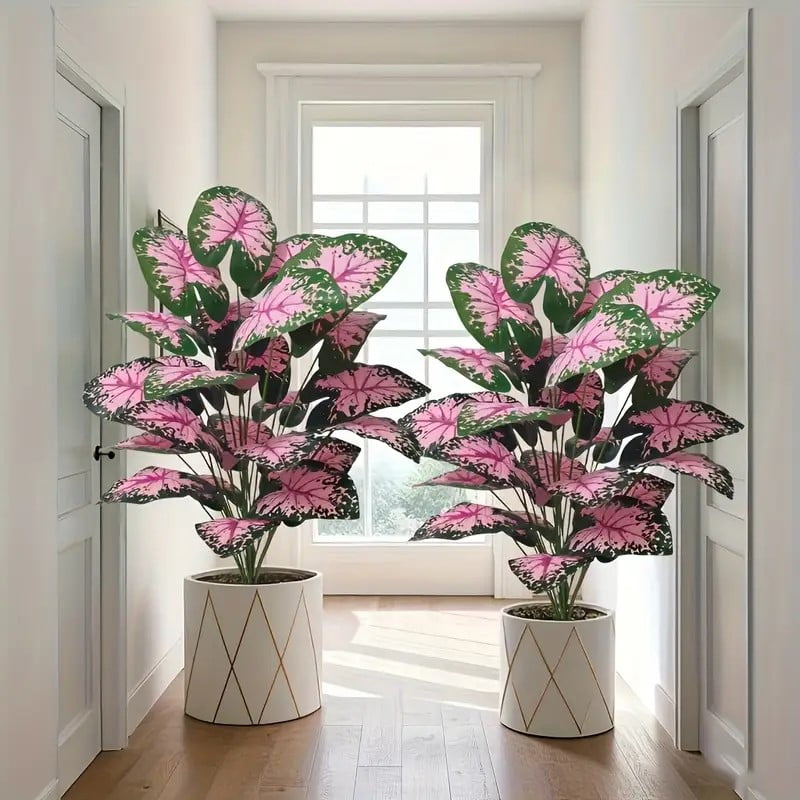 2-piece large artificial black rock plant with pink flowers and green leaves, suitable for indoor and outdoor home office wedding Christmas Easter Thanksgiving decoration (without pot)