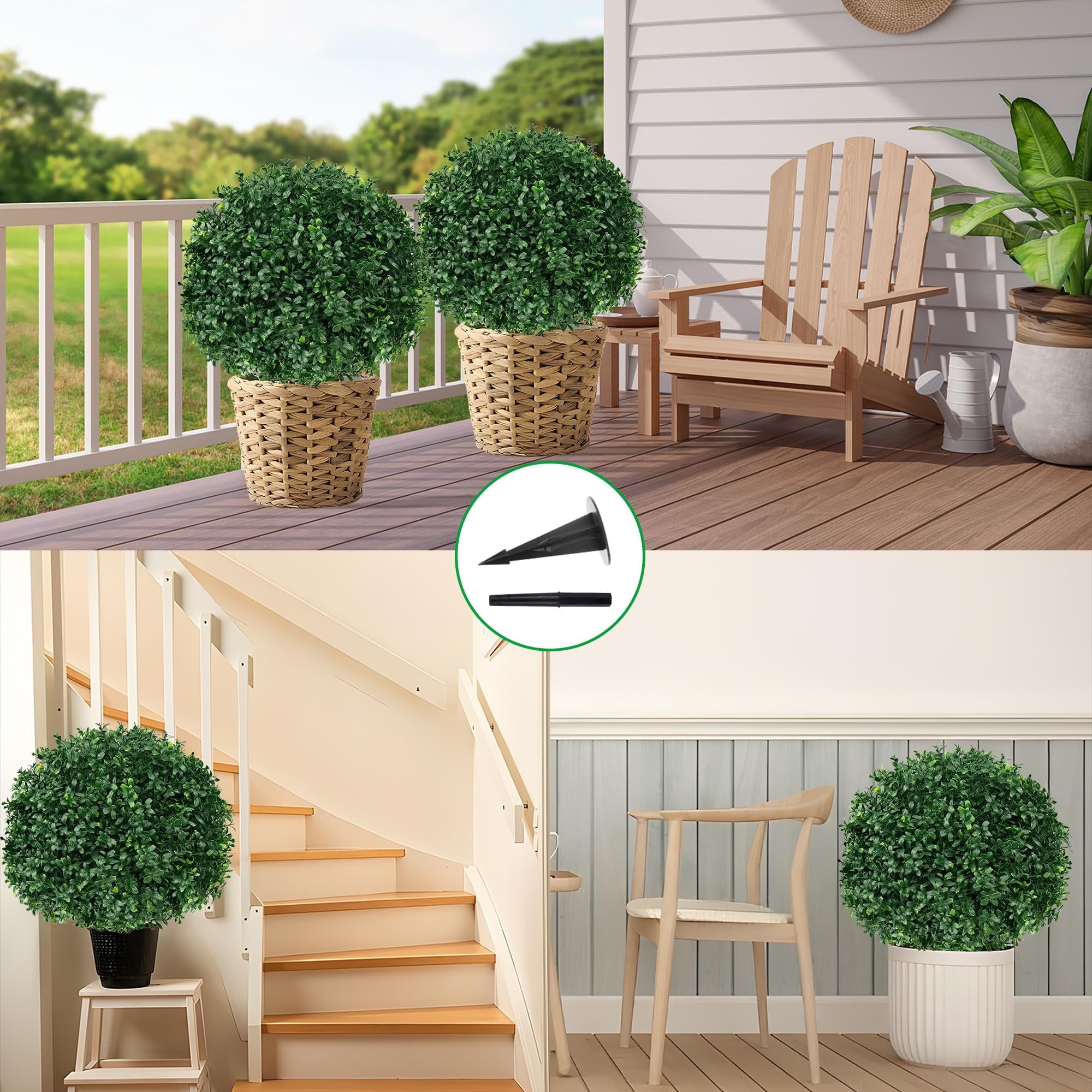 2 16in Artificial Boxwood Sphere Bushes - UV Resistant, with Stakes, Porch/Planter/Indoor Decor