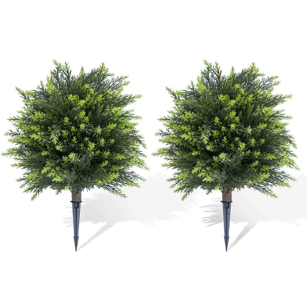 YUSS 21 inch Artificial Cypress Topiary Plants 2 Pack, Faux Cedar Bushes with Ground Spike UV Resistant, Outdoor Fake Shrubs for Front Porch Decor