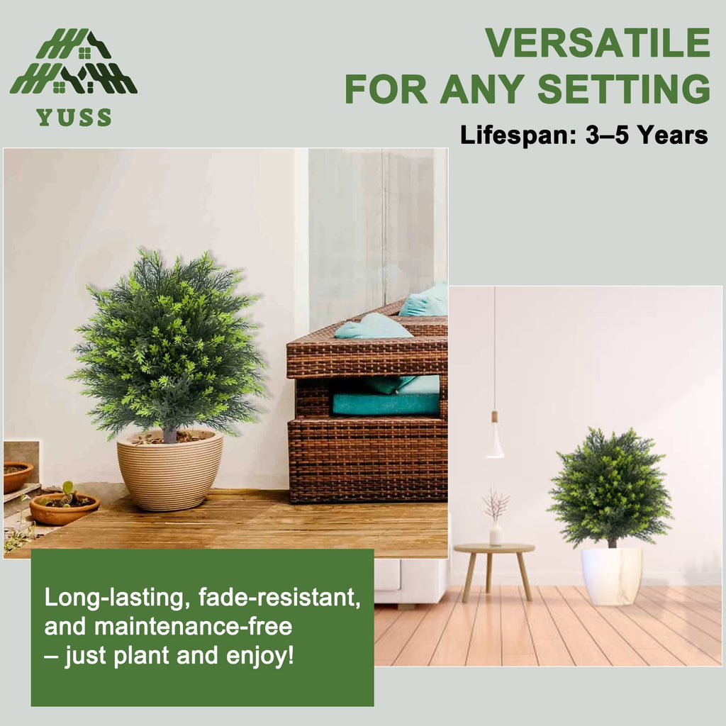 YUSS 21 inch Artificial Cypress Topiary Plants 2 Pack, Faux Cedar Bushes with Ground Spike UV Resistant, Outdoor Fake Shrubs for Front Porch Decor