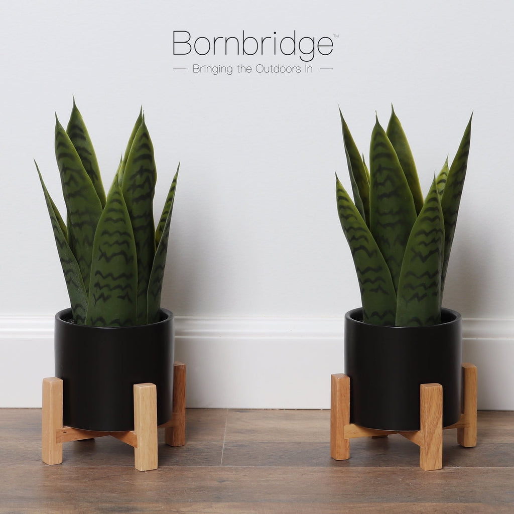 Bornbridge Artificial Snake Plant with Mid Century Plant Stand - Sansevieria Plant in Modern Planter - Small, 1 Pack