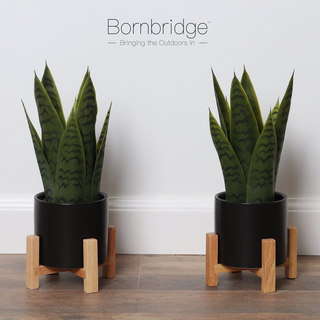 Bornbridge Artificial Snake Plant with Mid Century Plant Stand - Sansevieria Plant in Modern Planter - Small, 1 Pack
