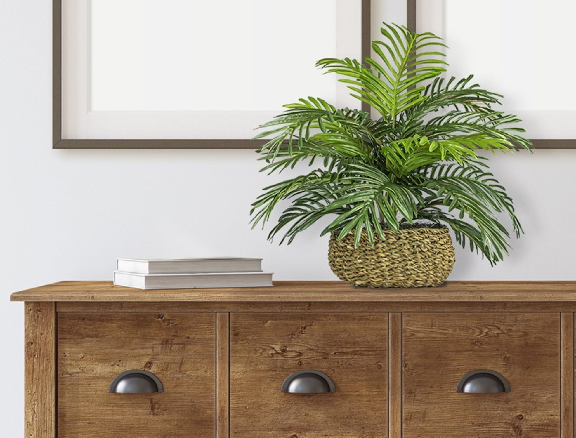 Artificial Plant, 14" Artificial Phoenix Palm in Low Round Handwoven Basket by LCG Florals, Faux Designer Fake Indoor Tabletop Plant for Living Room, Office, and Home Décor